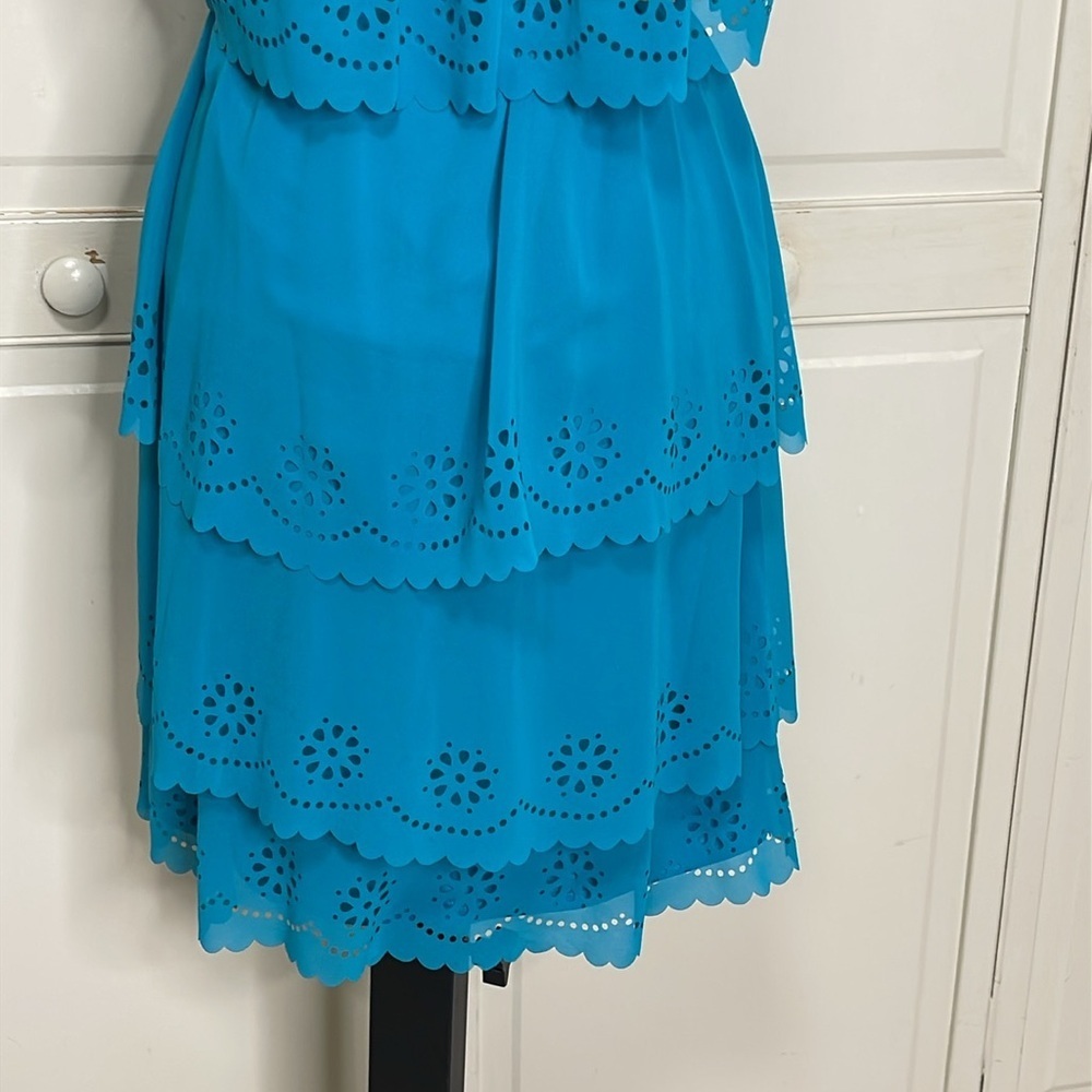 Jessica Simpson Women’s Turquoise Belted Chiffon Eyelet Layered Dress Sz 10 - Picture 8 of 13